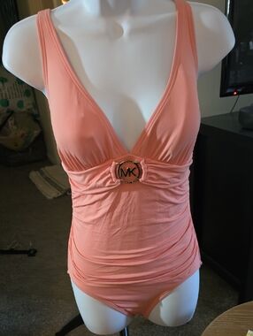 Michael Kors Coral Pink V-Neck Ruched Logo Swimsuit
